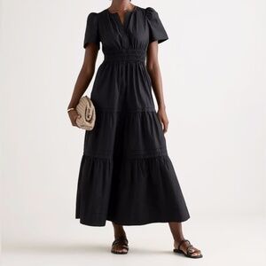 NWT Quince 100% Organic Cotton Poplin Tiered Maxi Dress Black Sz S